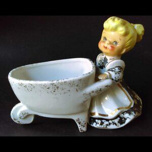 Vintage Blonde Girl w/Wheelbarrow 1950s Planter Ceramic Figurine Lefton Figurine